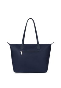 Granatowa torba tote o zorganizowanej konstrukcji, gładkiej fakturze, podwójnych uchwytach oraz przedniej kieszeni na zamek, co zwiększa jej funkcjonalność.