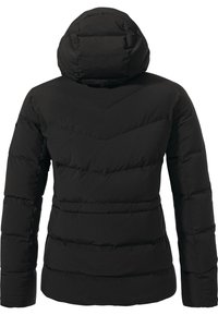 Schwarze Daunenjacke mit Kapuze, Chevron-Nähten und gesteppte Abschnitten. Glatte Textur mit taillierter Silhouette und langen Ärmeln.