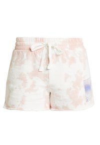 Bílé bavlněné sportovní šortky s růžovým barevným vzorem, elastický pas se stahovací šňůrkou a malou grafikou na dolní pravé straně.