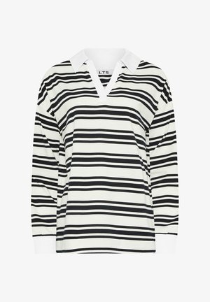 Hvid langærmet skjorte med sorte vandrette striber, hvid krave og V-formet halsudskæring, lagt fladt på en hvid baggrund.