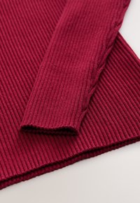 Maglione bordeaux in maglia a coste con maniche lunghe, polsini texture e orlo dritto, realizzato in tessuto morbido ed elastico.