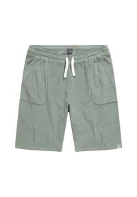 Pantalones cortos de sudadera de algodón en verde claro, con dos grandes bolsillos frontales, una cinturilla elástica con cordón blanco y una textura suave.