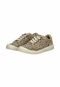 Sneakers beige con motivo maculato nero, parte superiore in tessuto, chiusura con lacci e suola in gomma di colore chiaro. Design della punta piatta e rotonda.