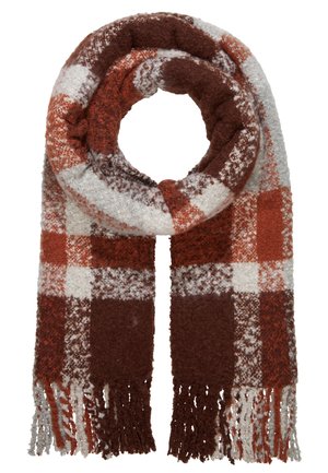 Écharpe épaisse en laine avec un motif à carreaux marron, rouille et blanc, bouclée avec des bouts à franges pendants.