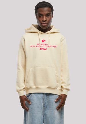 Cremfarbener Hoodie mit Fronttasche, ausgestattet mit roten Text "MORNING. LET'S FACE IT TOGETHER" und einem Hahn-Graphic. Aus Baumwollmaterial, lässiges Design.