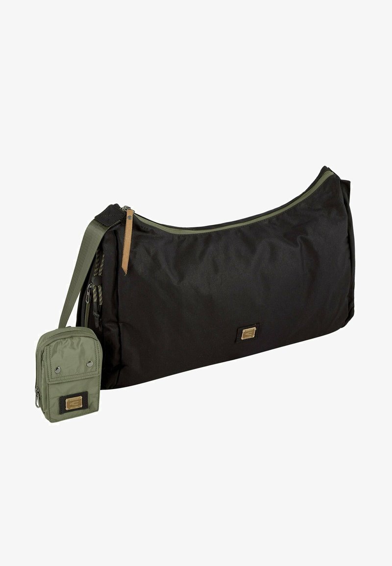 Sort nylon taske med en buet form, grønne detaljer og en aftagelig olivengrøn pouch. Har en lynlås lukning og justerbar rem.