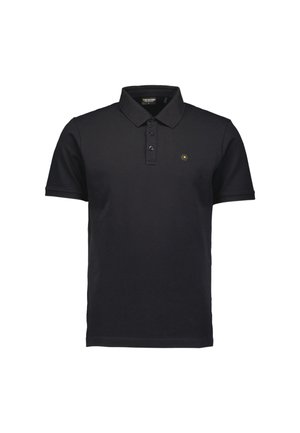 Schwarzes Polohemd aus Baumwolle mit klassischem Kragen, Drei-Knopf-Leiste und kleinem gelben sechseckigem Logo auf der Brust.