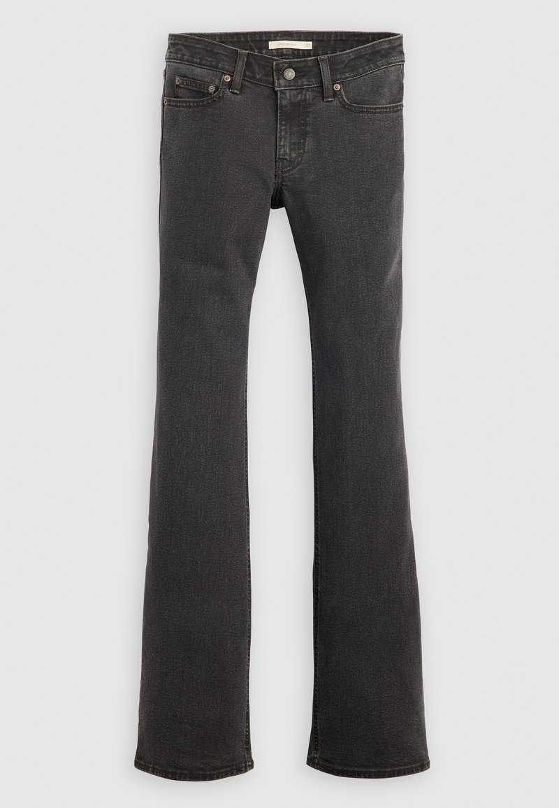 Jean gris foncé en denim, avec une taille ajustée, des jambes évasées et un design de poche classique. Propre, sans embellissements visibles.