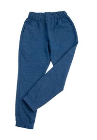 Granatowe dresy z elastycznym pasem, zwężanymi nogawkami i ściągaczami na kostkach. Wykonane z miękkiego, strukturzanego materiału.