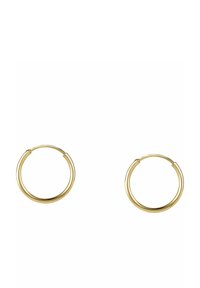 Guld hoops øreringe med en glat, blank overflade. Cirkelformet med et sømløst design og hængsel-lukning. Størrelsen er medium.
