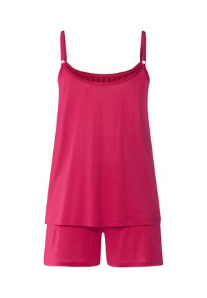 Camisola sin mangas de color rosa brillante con tirantes ajustables combinada con pantalones cortos sueltos a juego.