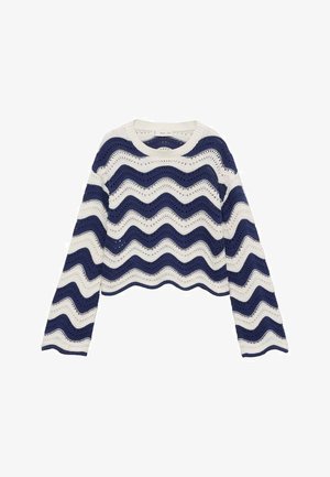 Pull en crochet avec des rayures ondulées bleu marine et blanches. Il présente des manches longues et une coupe courte. Texturé, avec des détails en maille ajourée.
