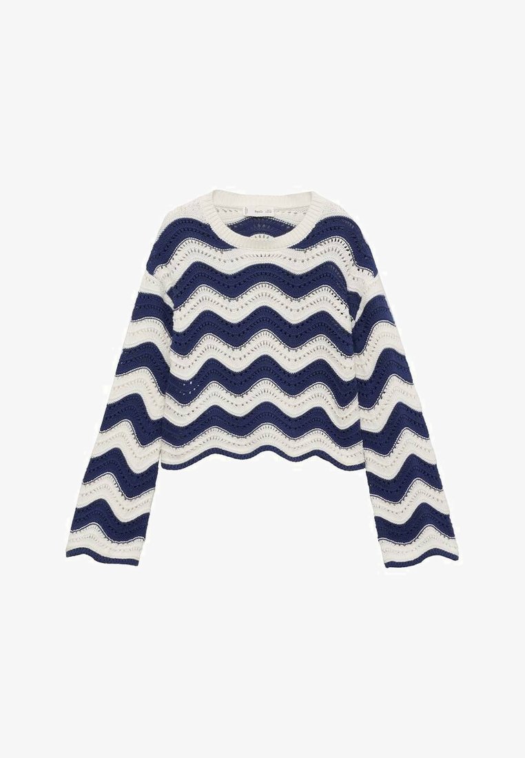 Crochet sweater with navy blue and white wavy stripes. Features long sleeves and a cropped design. Textured, with open knit detailing.
