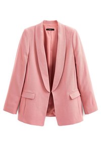Blazer ajustado de color rosa claro con una textura suave, solapas con muesca y bolsillos laterales. La parte delantera abierta muestra un forro interior a juego.