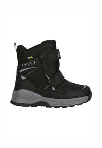 Bottes noires mi-hautes avec tige synthétique, deux sangles velcro, accents gris et semelle texturée pour une meilleure adhérence. Convient pour les temps froids.