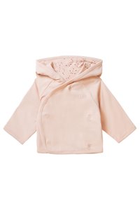 Rosa Kapuzenjacke für Babys aus weichem Material, mit Knopfverschlüssen und einem bedruckten Innenfutter mit kleinen Mustern. Ganze Jacke hat eine glatte Textur.