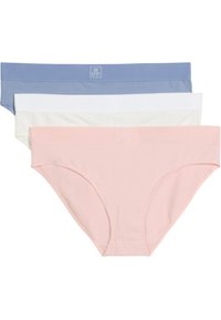 Trzy bezszwowe majtki typu hipster dla kobiet w kolorach różowym, białym i niebieskim, ułożone w poziomie z małym logo na gumce.