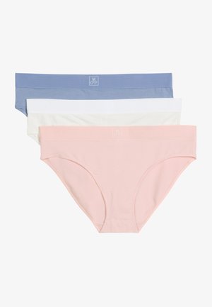 Drei nahtlose Damen-Hipster-Unterhosen in Pink, Weiß und Blau, horizontal übereinander gestapelt, mit einem kleinen Logo am Bund.