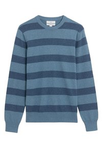 Long-sleeve crew neck sweater with alternating wide horizontal stripes in light and dark blue.
