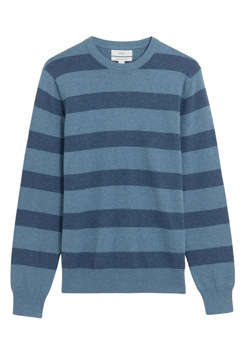 Long-sleeve crew neck sweater with alternating wide horizontal stripes in light and dark blue.