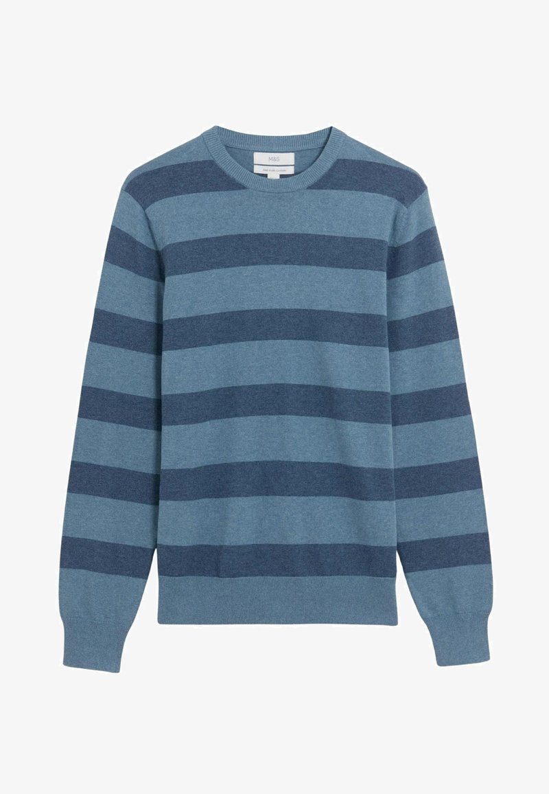 Long-sleeve crew neck sweater with alternating wide horizontal stripes in light and dark blue.