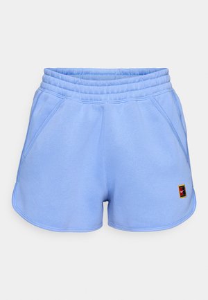Light blue athletic shorts with a gathered elastic waistband, side pockets, and a multicolored Nike logo on the left front. Soft fabric texture.