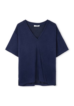 Marineblaue V-Ausschnitt-T-Shirt mit kurzen Ärmeln, aus weichem Stoff gefertigt, mit einem leicht lockeren Schnitt und seitlichen Schlitzen für zusätzlichen Komfort.