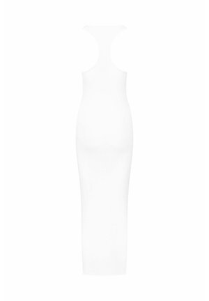 White midi dress with a fitted design, made of stretchy fabric, featuring a round neckline and sleeveless cut. Smooth texture throughout.