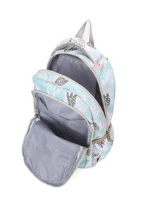 Zaino azzurro chiaro e bianco con un motivo a foglia, esterno in tessuto, due scomparti con cerniera e fodera interna grigia.