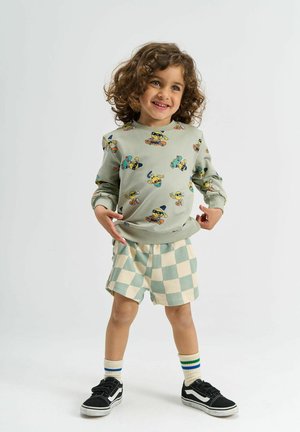 Usmievajúce sa dieťa s kučeravými vlasmi, oblečené v zelenom svetry so skateboardovými emotikonmi, károvaných šortkách, pruhovaných ponožkách a čiernych teniskách.