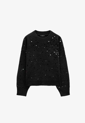 Czarny dziany sweter z długim rękawem i okrągłym dekoltem, ozdobiony rozrzuconymi małymi błyszczącymi cekinami z przodu i na rękawach.