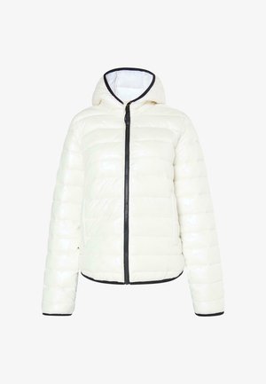 Witte gevoerde jas met een glanzende afwerking, voorzien van een capuchon, zwarte ritssluiting en elastische manchetten. Zachte textuur, gequilt ontwerp.
