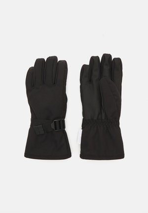 Black winter gloves with a smooth, textured fabric, adjustable wrist straps, and cinched cuffs for a snug fit.