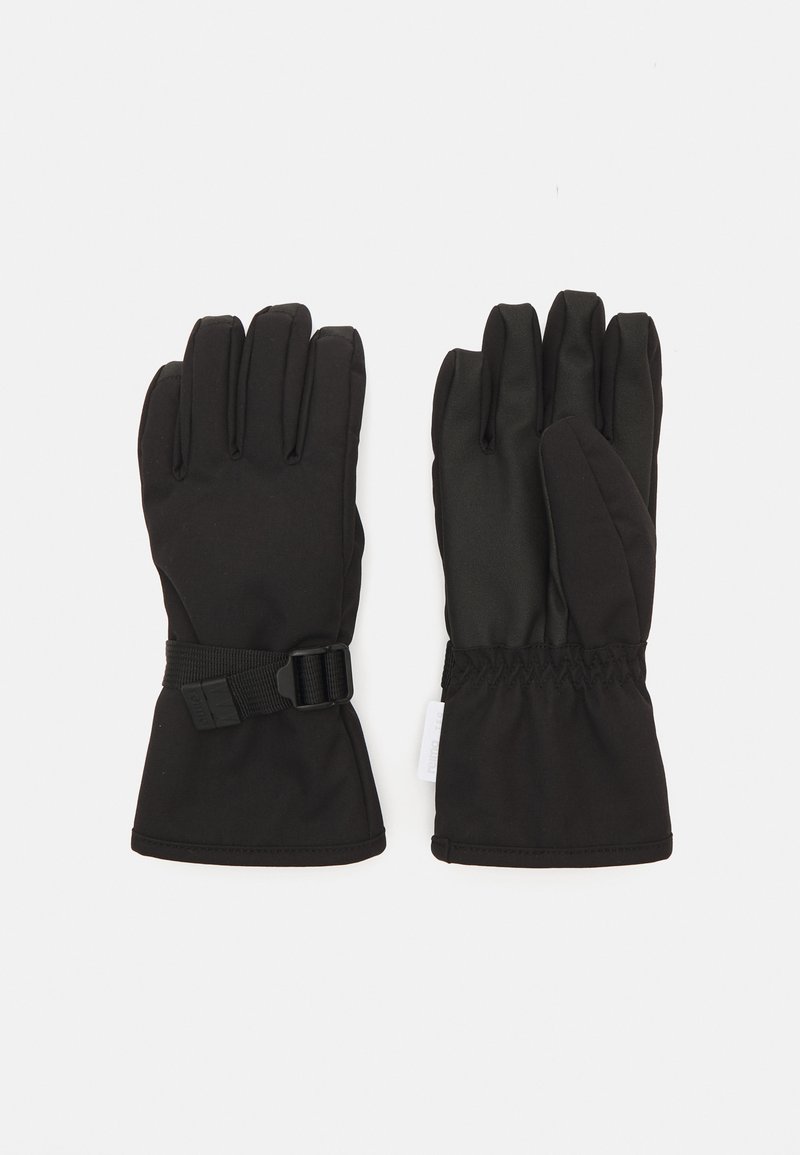 Gants d'hiver noirs en tissu lisse et texturé, avec des sangles de poignet ajustables et des poignets resserrés pour un ajustement confortable.