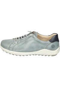 Light gray leather sneaker with a textured finish, round toe, lace-up closure, and contrasting dark gray heel accent. Rubber sole with traction.