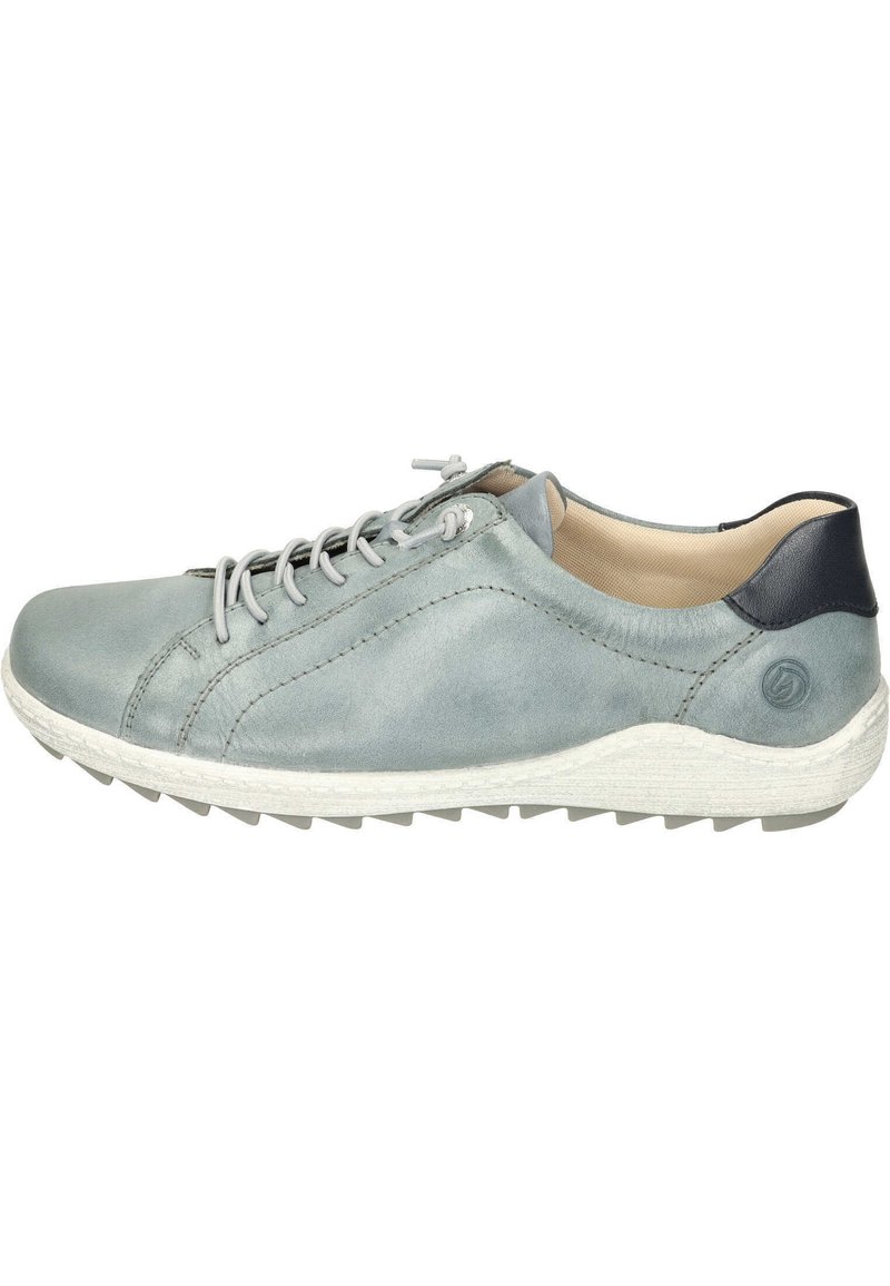 Light gray leather sneaker with a textured finish, round toe, lace-up closure, and contrasting dark gray heel accent. Rubber sole with traction.