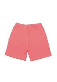 Coral pink cotton shorts with an elastic waistband, straight cut, and no additional patterns or hardware. Smooth texture, casual design.