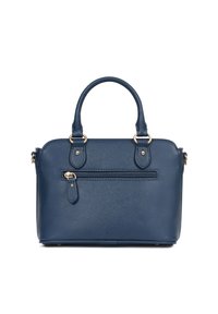 Borsa a tracolla in pelle blu navy con finitura texture, doppi manici, tasca frontale con zip e dettagli in metallo color oro.