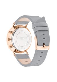 Roze-gouden horloge met een ronde wijzerplaat, grijze leren band en roestvrijstalen achterkant. Bevat drie drukknoppen en een gesp-sluiting.