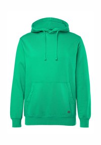 Vihreä huppari pehmeästä kankaasta, jossa on kiristysnauhalla varustettu huppu, etutasku sekä resorit hihansuissa ja helmassa. Yksinkertainen, yhtenäinen väriltään.