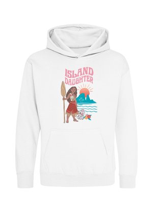 Hvid hættetrøje med en pige med en pagaj, en gris, havbølger, bjerg, solnedgang, blomster og tekst "Island Daughter" i pink over designet.