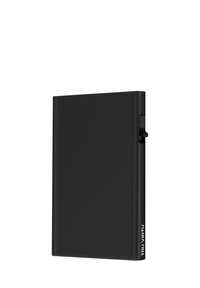 Black rectangular card holder made of smooth plastic. Features a sliding mechanism on the side and a white logo at the bottom edge.