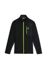 Giacca nera con zip integrale e zip gialla neon, tasca sul petto e logo a ragno sul lato destro del petto, maniche lunghe e colletto alto.