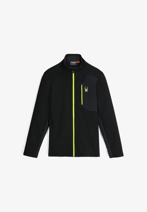 Giacca nera con zip integrale e zip gialla neon, tasca sul petto e logo a ragno sul lato destro del petto, maniche lunghe e colletto alto.