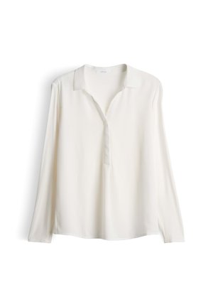 Blusa beige a manica lunga con colletto e bottoni parziali. Tessuto morbido e liscio con una vestibilità rilassata e spacchi laterali.
