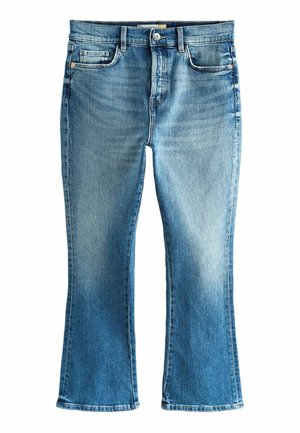 Blugi din denim albastru deschis, cu ușoare decolorări, croială cu picior drept, închidere cu nasture și fermoar și design cu cinci buzunare.