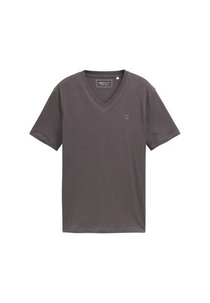 Gray v-neck t-shirt made of soft fabric, short sleeves, and a subtle logo on the left side. Smooth texture with a relaxed fit.