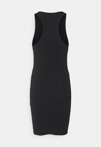 Musta hihaton midimekko, jossa on vartalonmyötäinen muotoilu, sileä rakenne ja pyöreä kaula-aukko. Ei näkyviä kuvioita tai koristeluja.