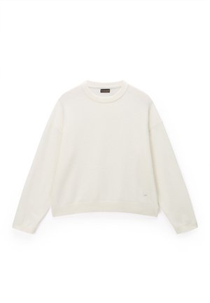 Weißer langärmeliger Pullover mit Rundhalsausschnitt, mit gerippten Bündchen, Saum und Ausschnitt, flach auf weißem Hintergrund dargestellt.