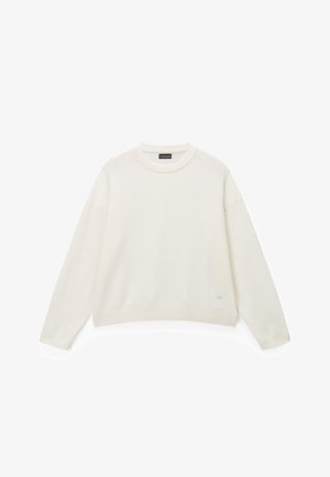 Jersey blanco de manga larga con cuello redondo y puños, dobladillo y cuello acanalados, presentado plano sobre un fondo blanco.